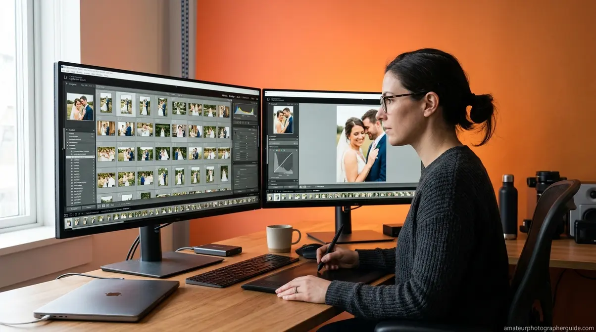 Professional photo editor performing daily duties like image culling and technical color correction