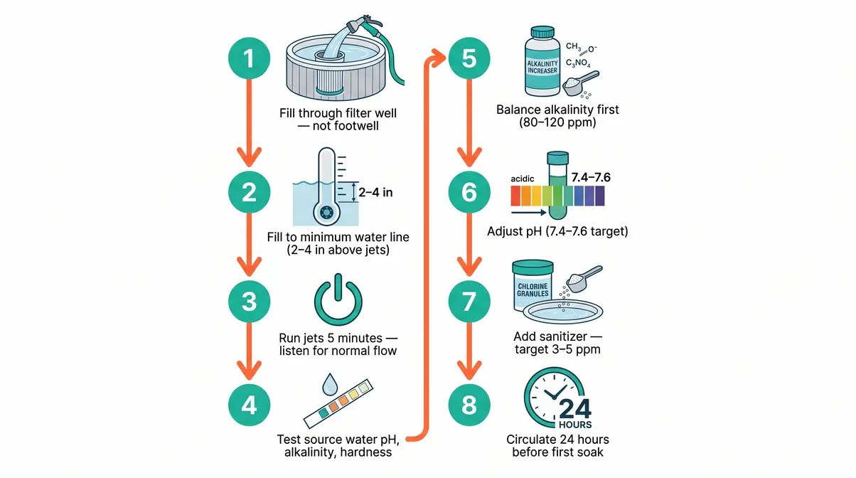 Step-by-step diagram showing hose placement in filter well, water level, and chemical addition sequence for hot tub startup