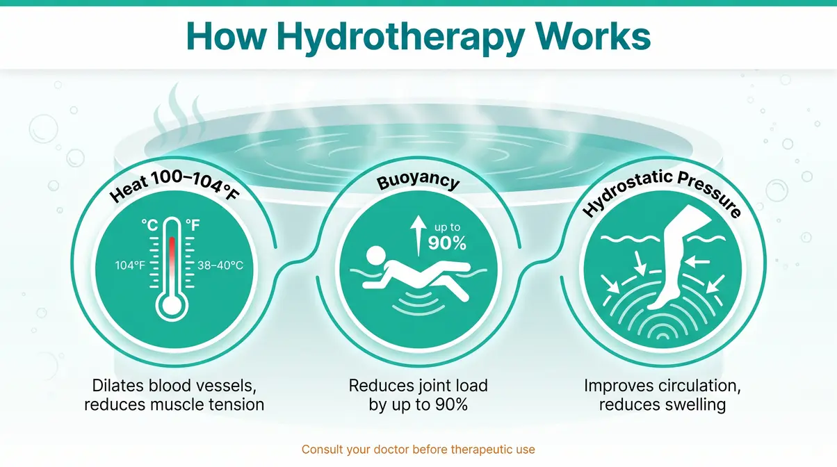 Infographic showing how hydrotherapy heat, buoyancy, and hydrostatic pressure benefit circulation and muscle tension