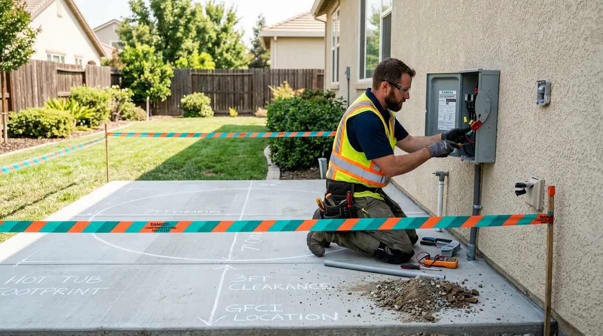 Electrician installing GFCI disconnect box beside a concrete pad prepared for a round hot tub installation