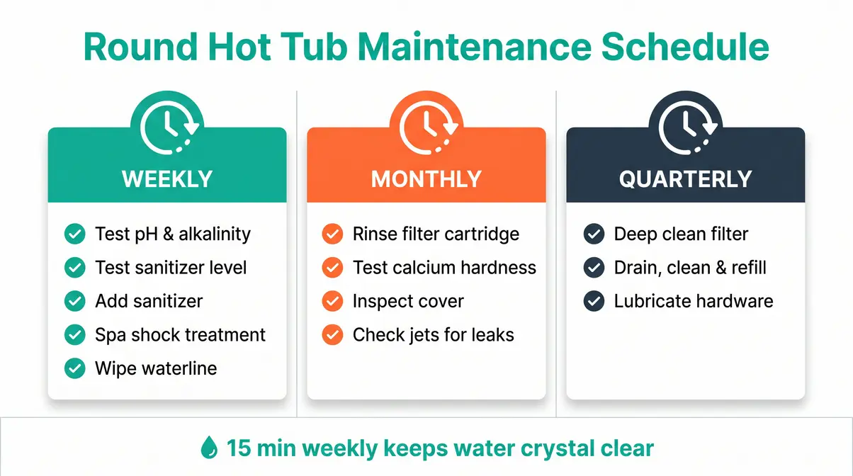 Weekly, monthly, and quarterly hot tub maintenance schedule infographic showing tasks and frequency for round hot tub owners