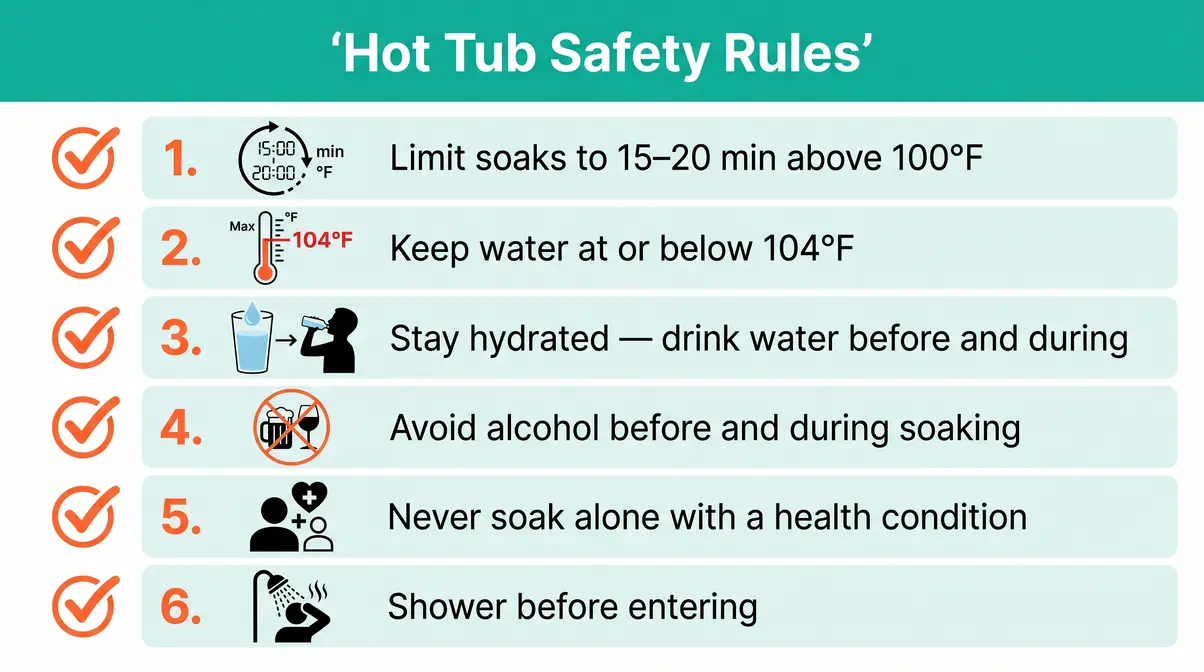 Safety rules checklist infographic showing hot tub temperature limits, time limits, and hydration guidelines