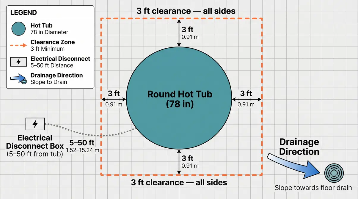 Overhead diagram showing round hot tub placement with 3-foot clearance zones, electrical panel distance, and drainage direction