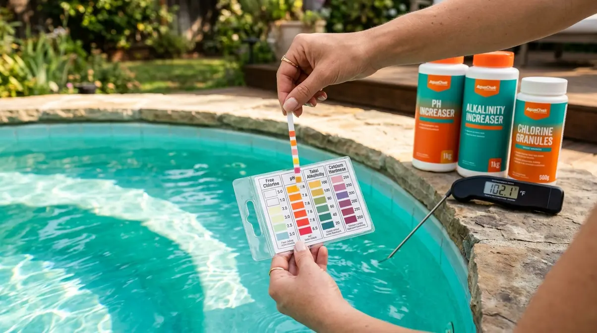 Person testing round hot tub water chemistry with a test strip and comparing to a color reference chart