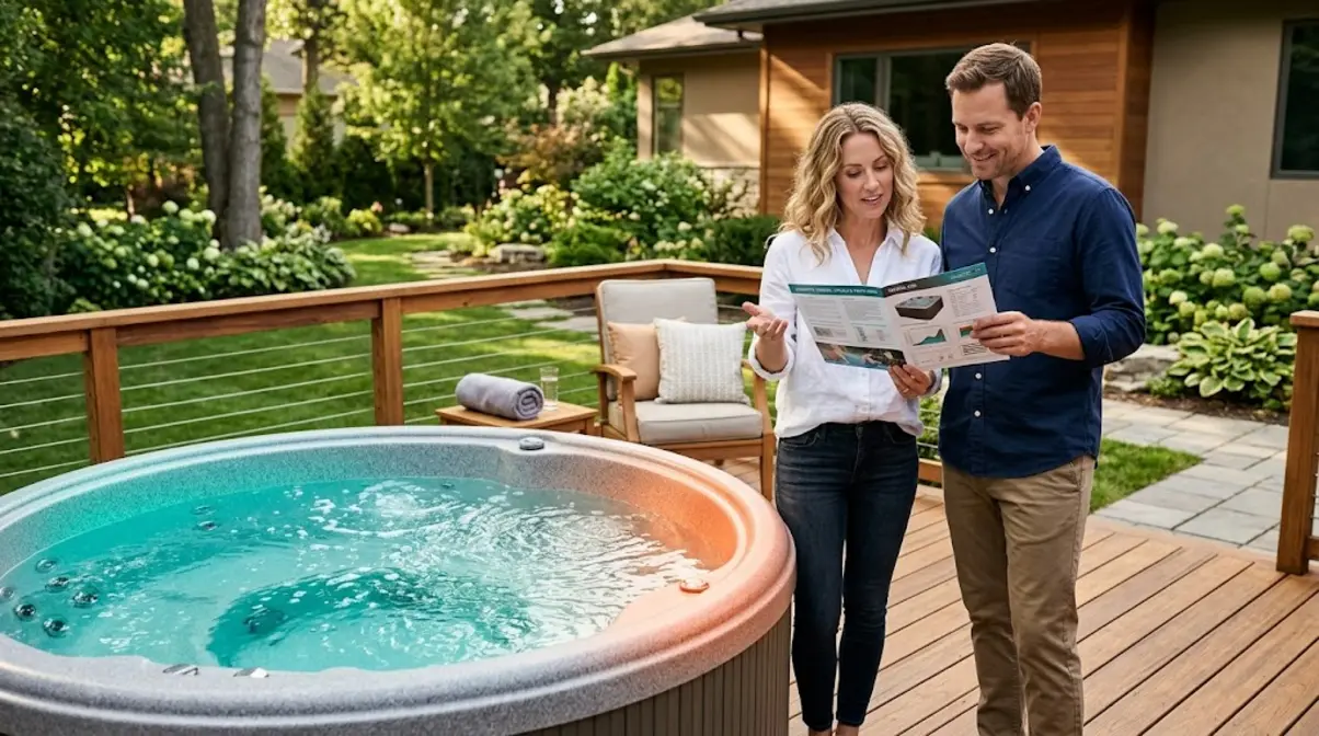 Couple comparing round hot tub options beside a hard-sided acrylic model on a residential wood deck