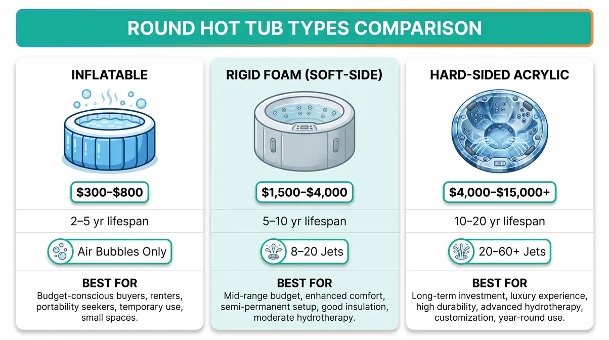 Infographic comparing inflatable, rigid foam, and hard-sided acrylic round hot tubs by cost, lifespan, and jet type