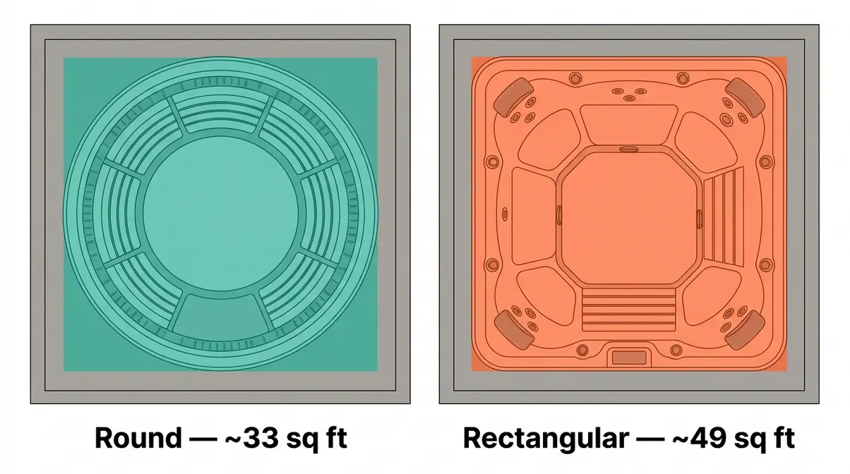 Overhead comparison of round versus rectangular hot tub footprint and seating layout side by side