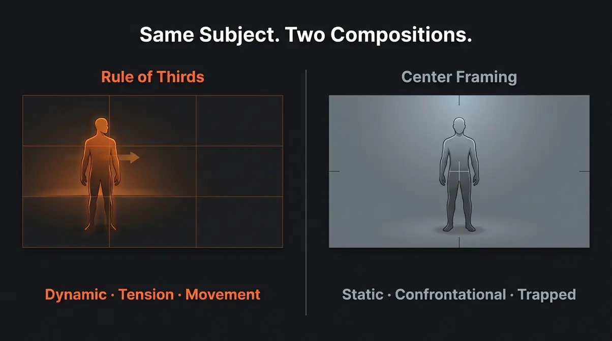 Side-by-side comparison of rule of thirds power point placement versus dead-center framing showing emotional difference