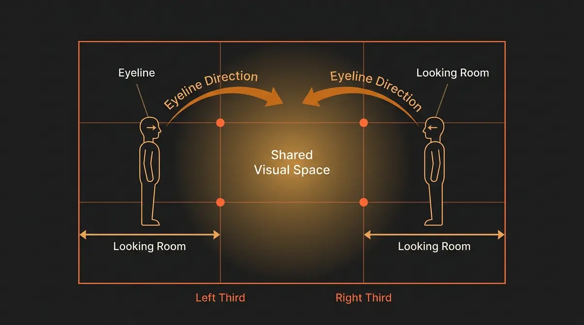 Diagram of two film characters on opposite rule of thirds vertical lines with eyeline and looking room arrows
