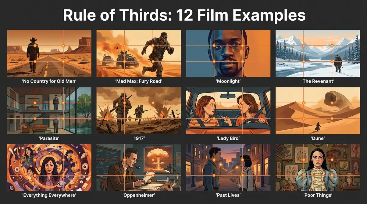 Rule of thirds grid overlaid on illustrated compositions from 12 famous films showing power point subject placement