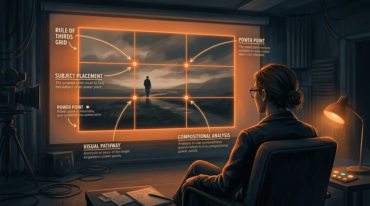 Person analyzing a film frame with rule of thirds grid overlay on a cinema screen