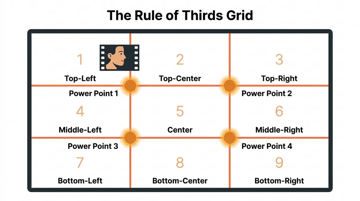 Rule of thirds in film grid infographic showing 3x3 lines, nine sections, and four labeled power points
