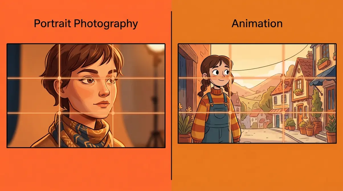 Rule of thirds applied to portrait photography and animation showing eye and character placement at power points