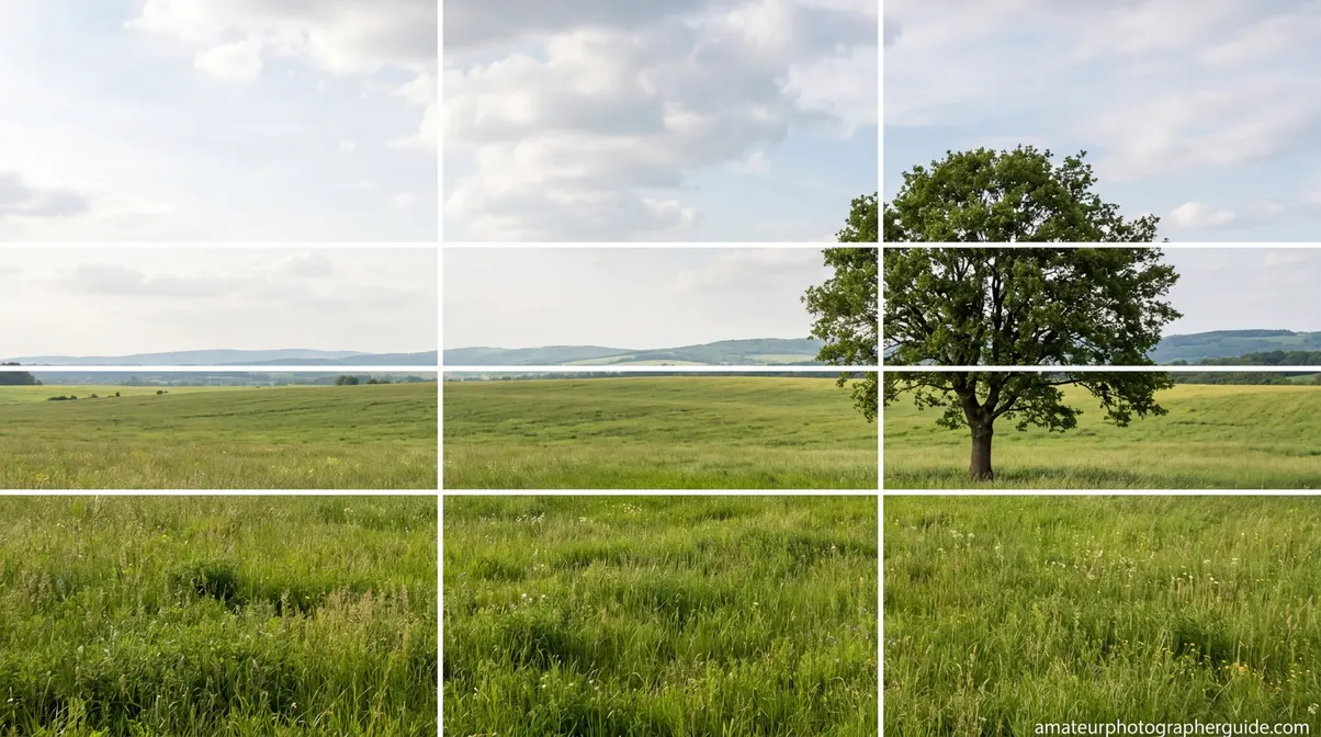 Rule of thirds grid overlay showing a lone tree on the lower-right power point