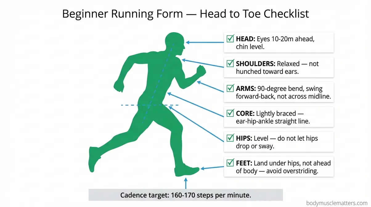 Illustrated running form checklist for beginners showing correct head shoulders arms core and feet posture