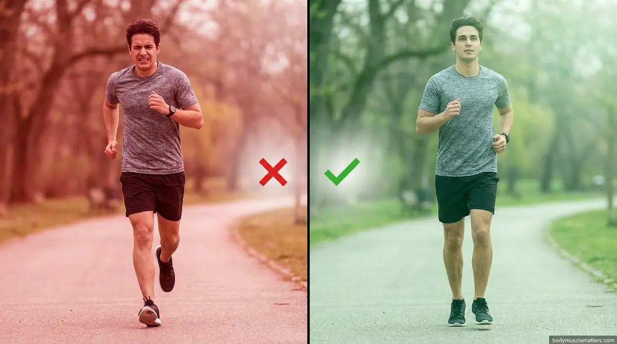 Side by side comparison of incorrect versus correct beginner running form showing five common mistakes to avoid