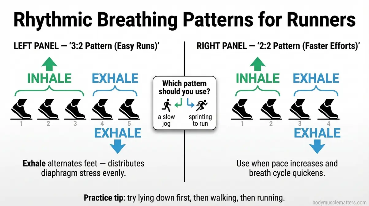 Diagram comparing two-two and three-two rhythmic breathing footstrike patterns for beginner runners