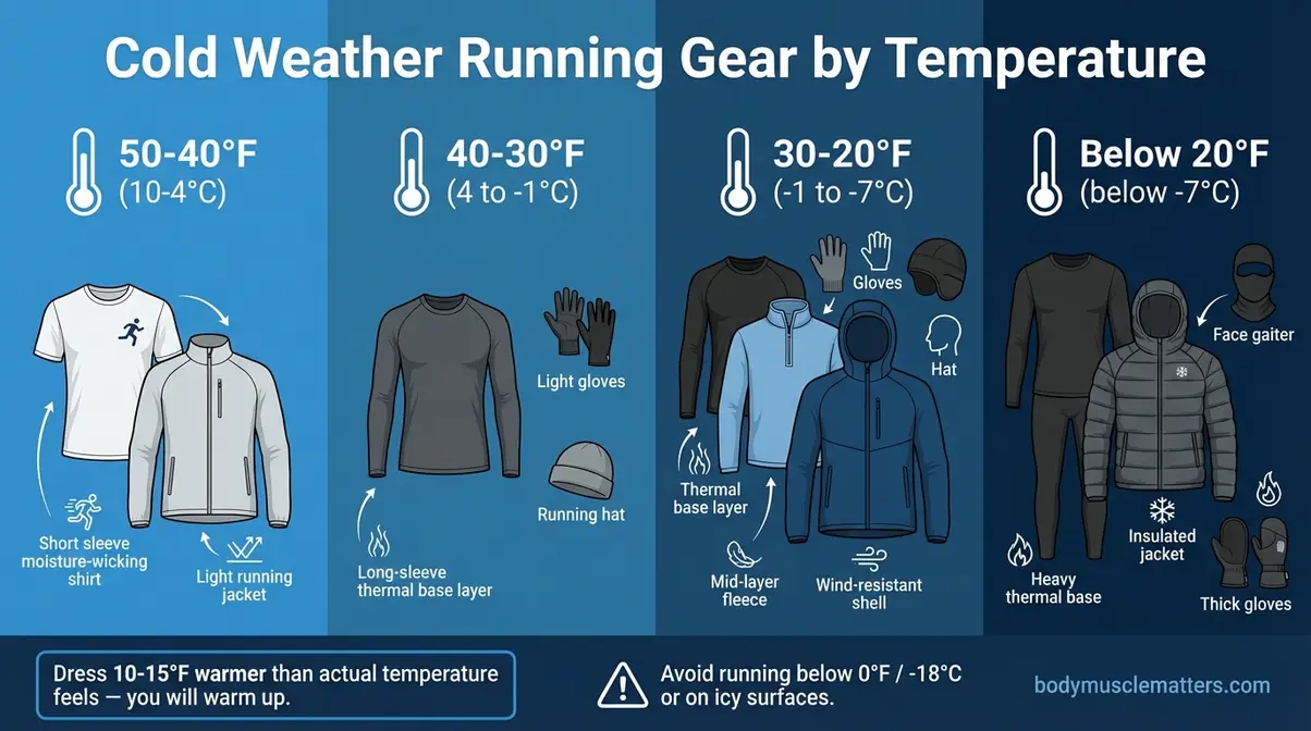 Cold weather running gear layering guide showing recommended clothing by temperature range for beginner runners