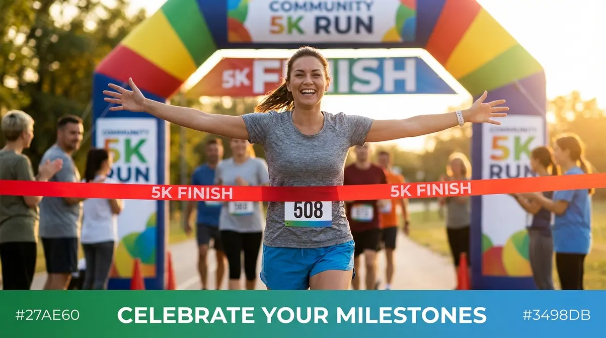 Beginner runner crossing the finish line at their first 5K race with arms raised in celebration