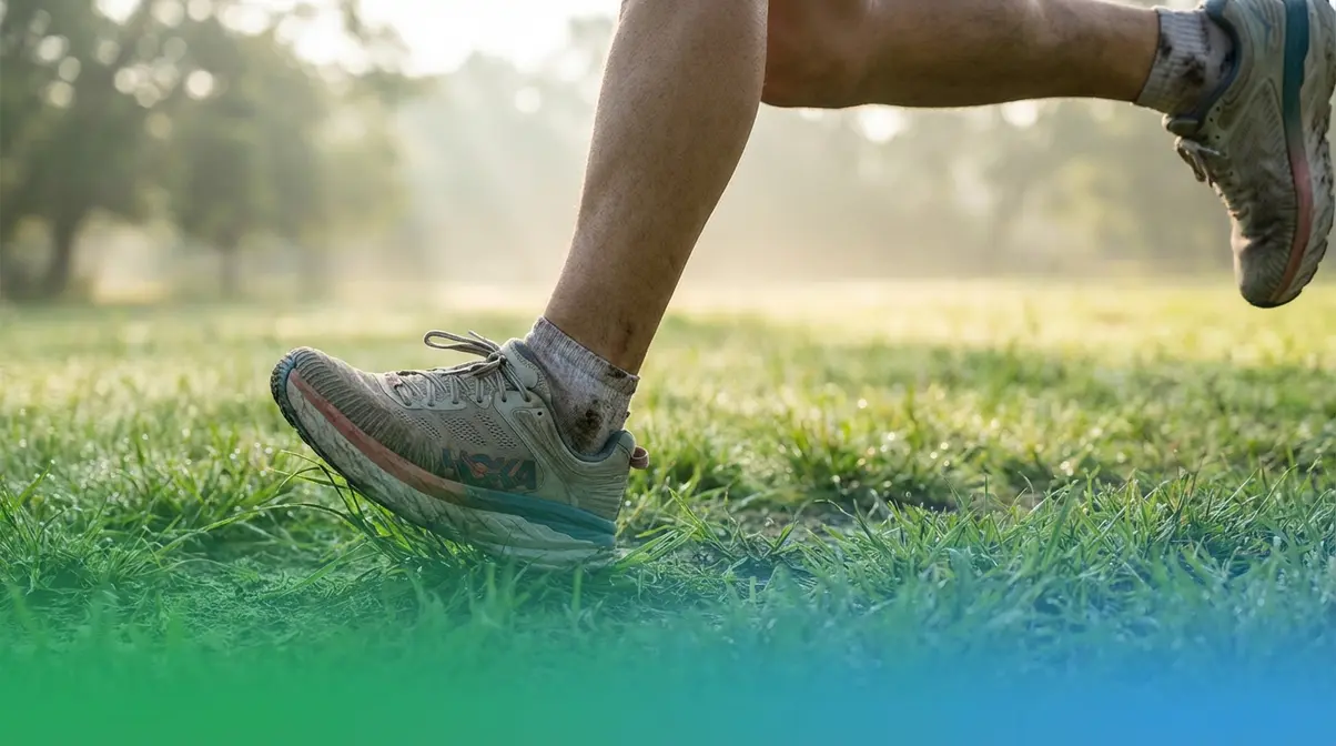Close-up of runner's feet landing on soft grass surface demonstrating safe joint protection technique