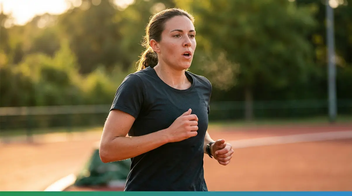 Runner demonstrating proper breathing technique and upper body form during an outdoor training run