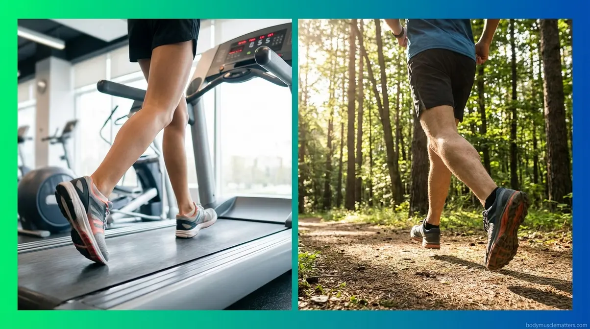 Split comparison image showing treadmill versus outdoor trail running surfaces for beginner runners