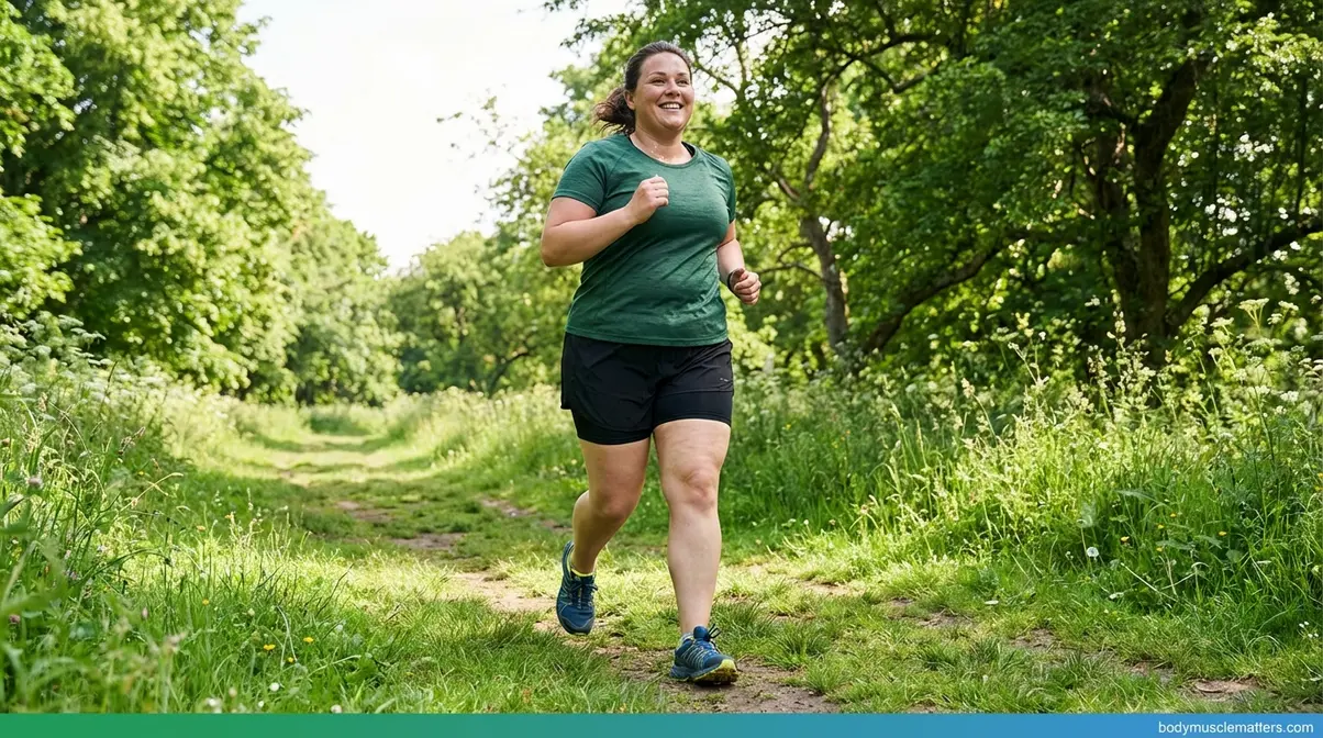 Heavier runner jogging on grass trail using beginner running tips to build endurance for weight loss