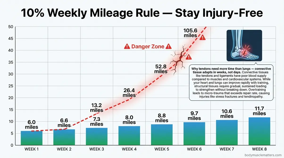 Chart showing safe weekly mileage increase at ten percent increments for beginner runners over eight weeks