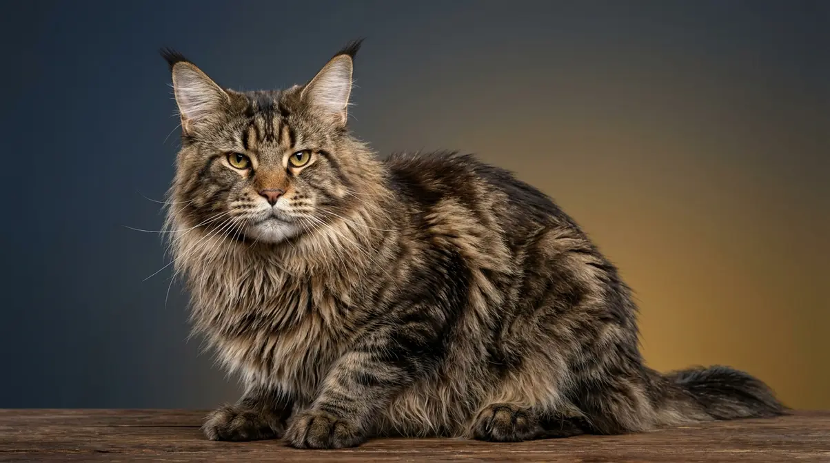 Russian Maine Coon cat showing boxy muzzle and long lynx ear tufts — defining wild look traits