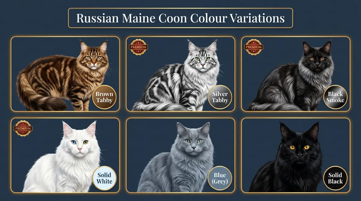 Russian Maine Coon colour variations including silver tabby, black smoke, and solid white