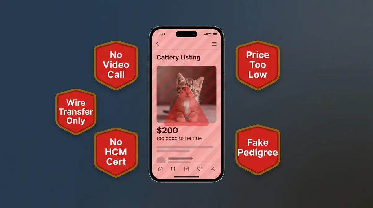 Russian Maine Coon scam warning signs including no video call, fake pedigree, and wire transfer demands