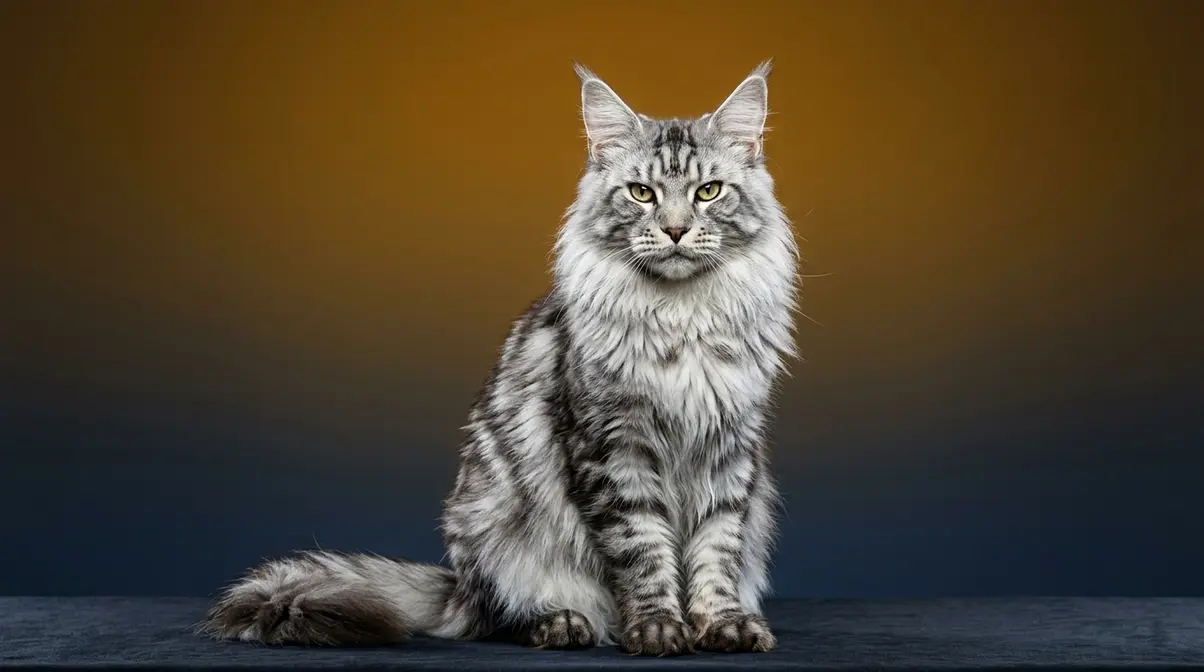 Russian Maine Coon silver tabby cat with lynx ear tufts and full neck ruff in studio portrait