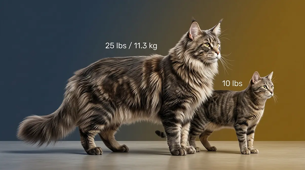 Russian Maine Coon size comparison showing giant male next to average domestic cat