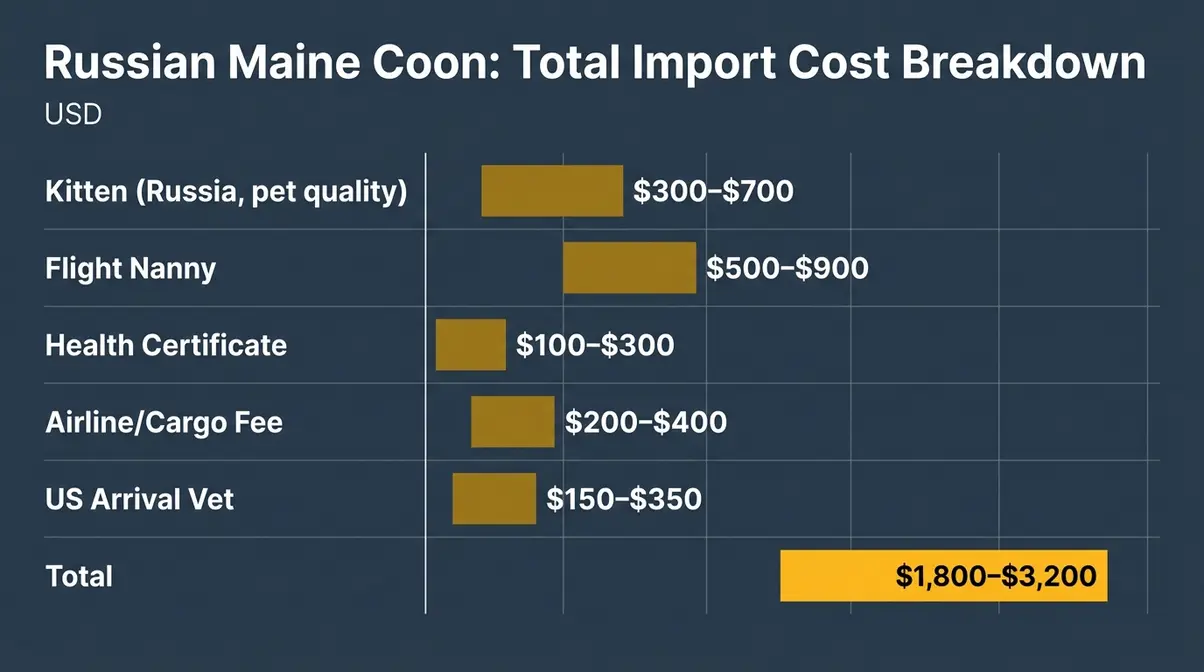 Russian Maine Coon import cost breakdown showing kitten price, flight nanny, and total landed cost