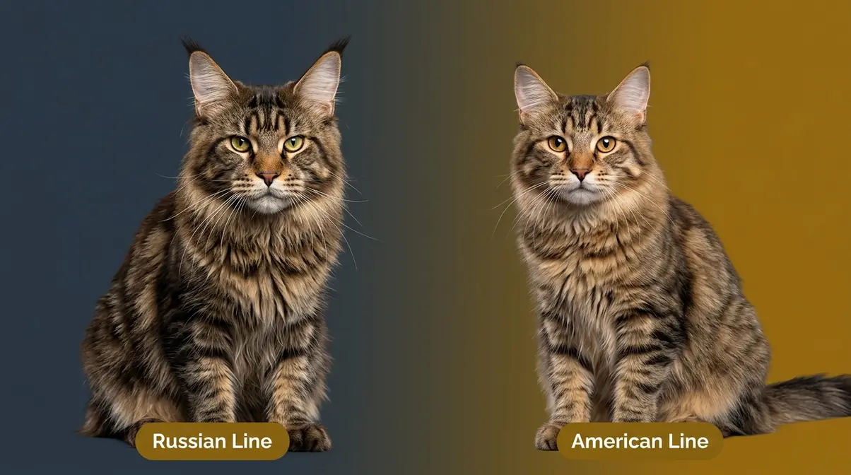 Russian Maine Coon versus American Maine Coon side by side showing muzzle and ear differences