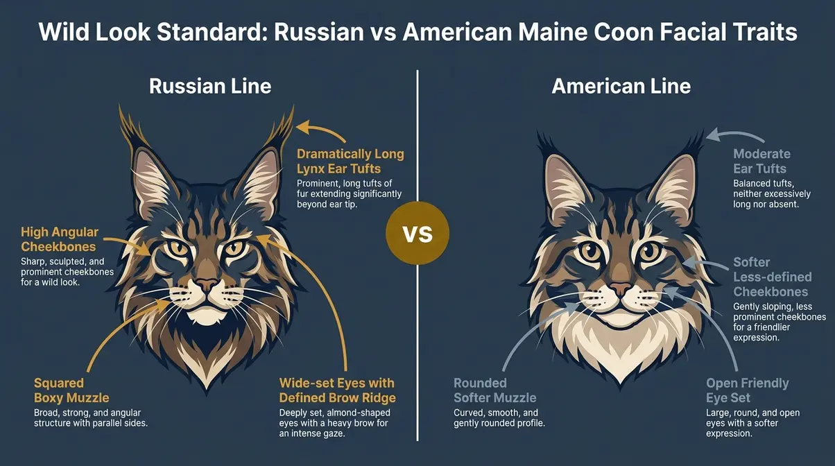 Russian Maine Coon wild look facial traits compared to American line — boxy muzzle, lynx tips, high cheekbones