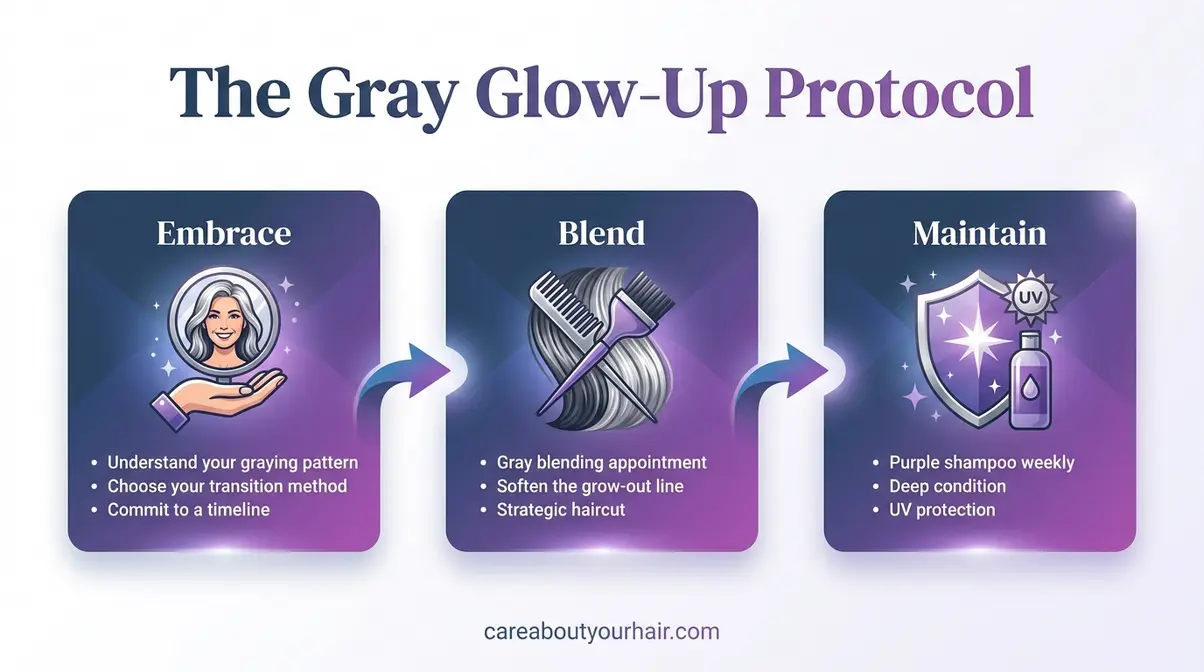 Gray Glow-Up Protocol three-stage framework infographic for salt and pepper hair transition