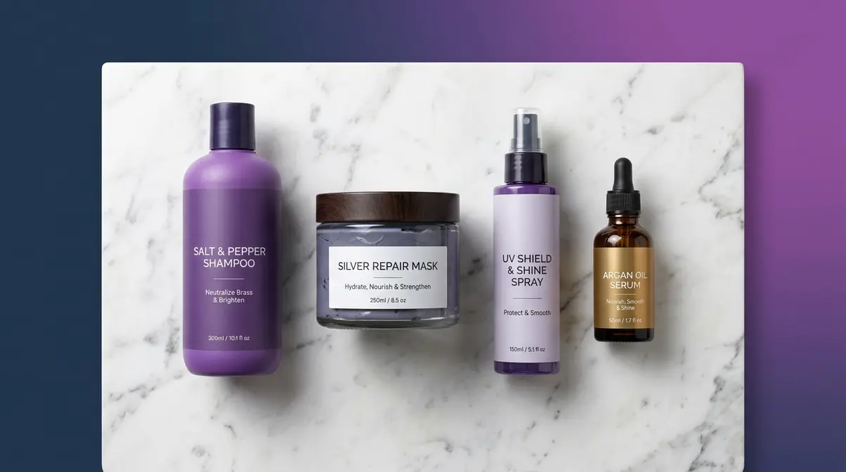 Essential salt and pepper hair maintenance products including purple shampoo and deep conditioner