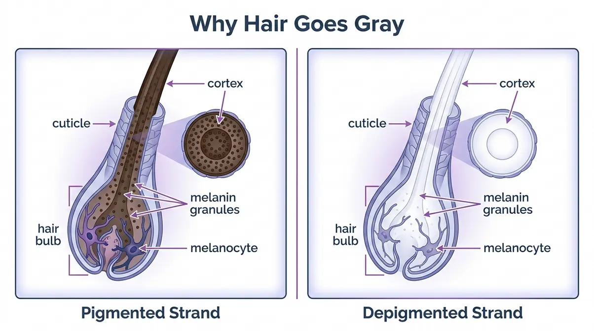 Diagram showing melanocyte cells in hair follicle and how melanin loss causes gray hair