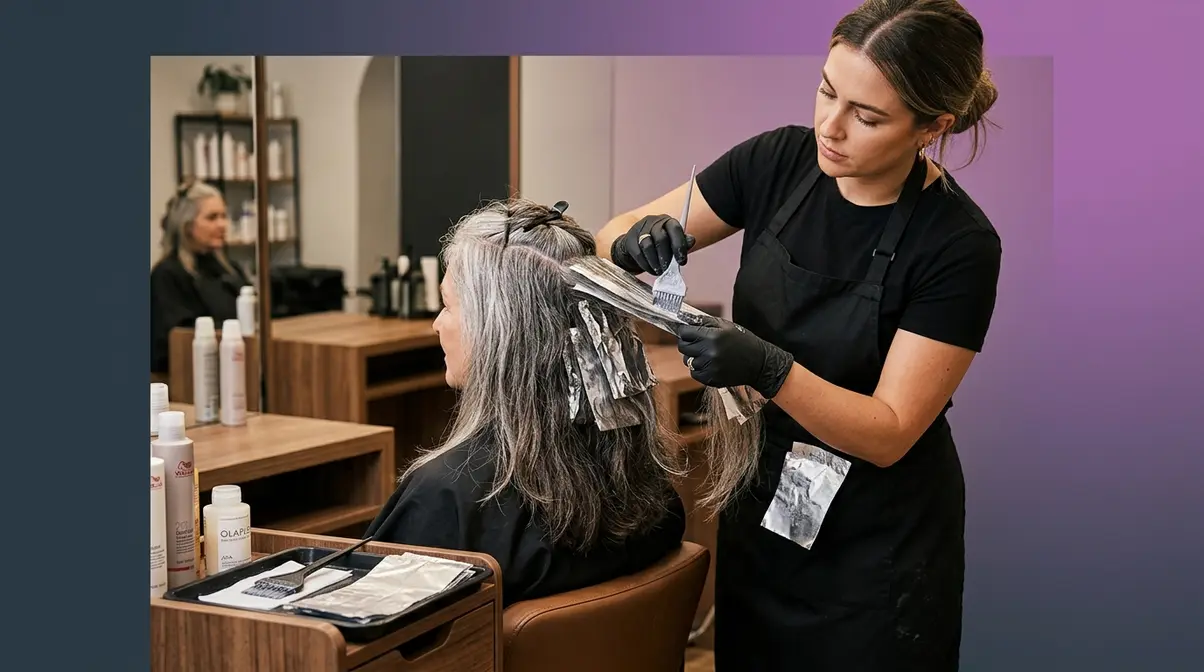 Colorist applying gray blending highlights to salt and pepper hair transition in salon