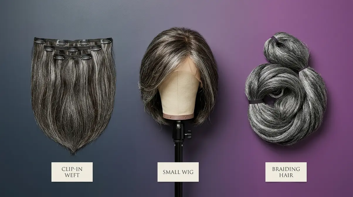 Salt and pepper hair extensions wig and braiding hair options displayed side by side