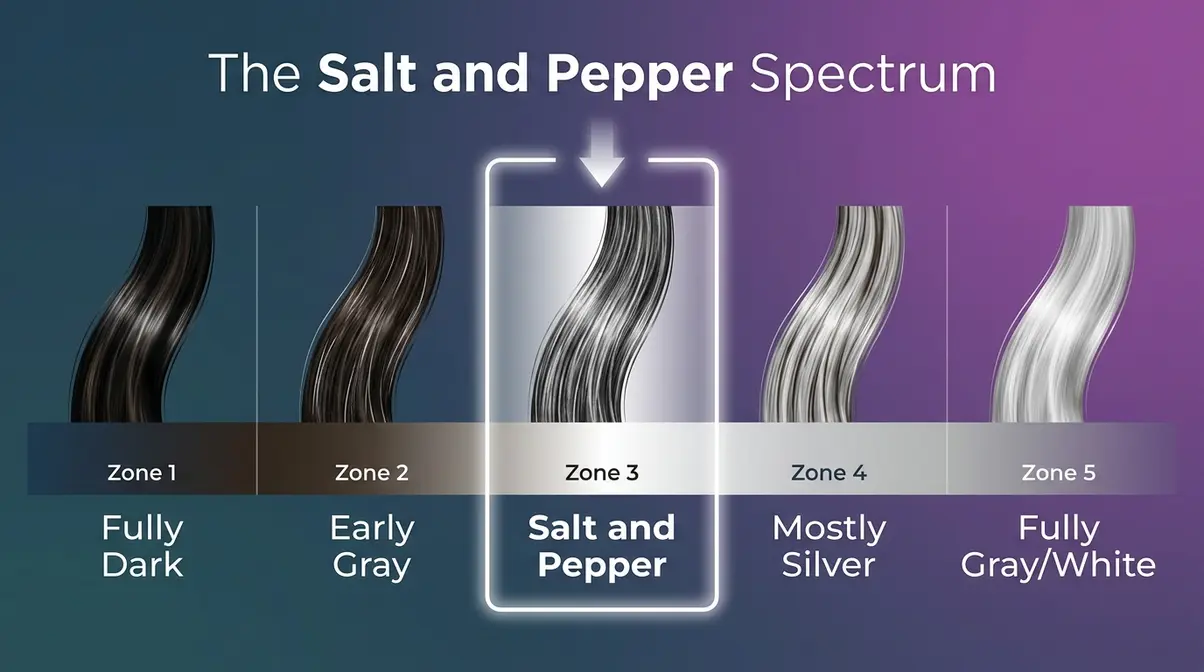 Salt and pepper hair color spectrum infographic showing dark to silver blend progression