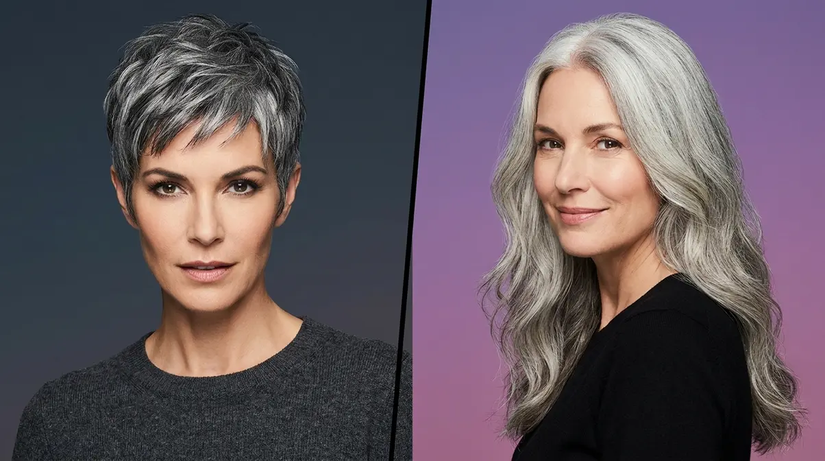 Salt and pepper hair styles comparison showing short pixie cut and long flowing waves