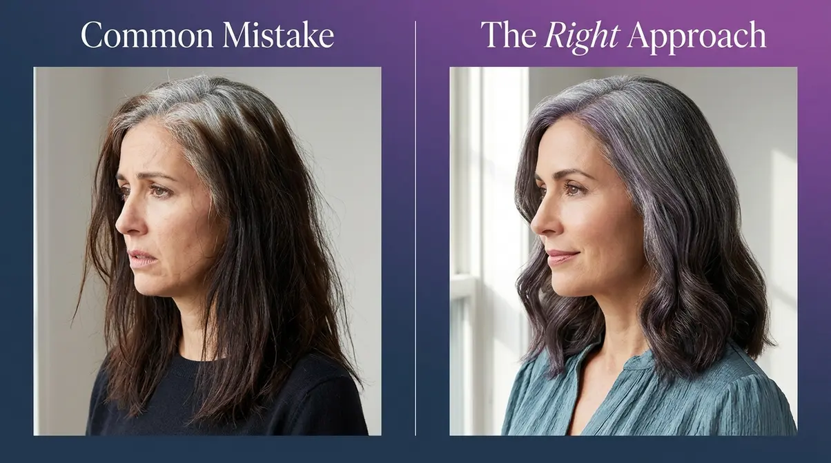 Common salt and pepper hair transition mistake versus correct approach showing toner difference