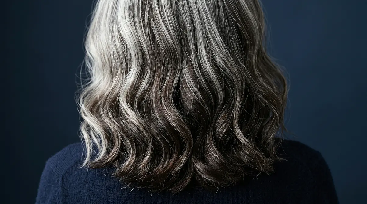 Close-up of salt and pepper hair showing dark and silver strand contrast in natural lighting