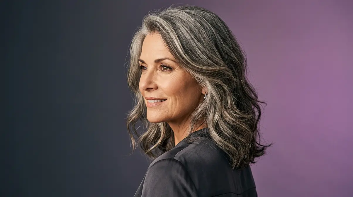 Woman in her 50s with dimensional salt and pepper lob haircut styled with confidence