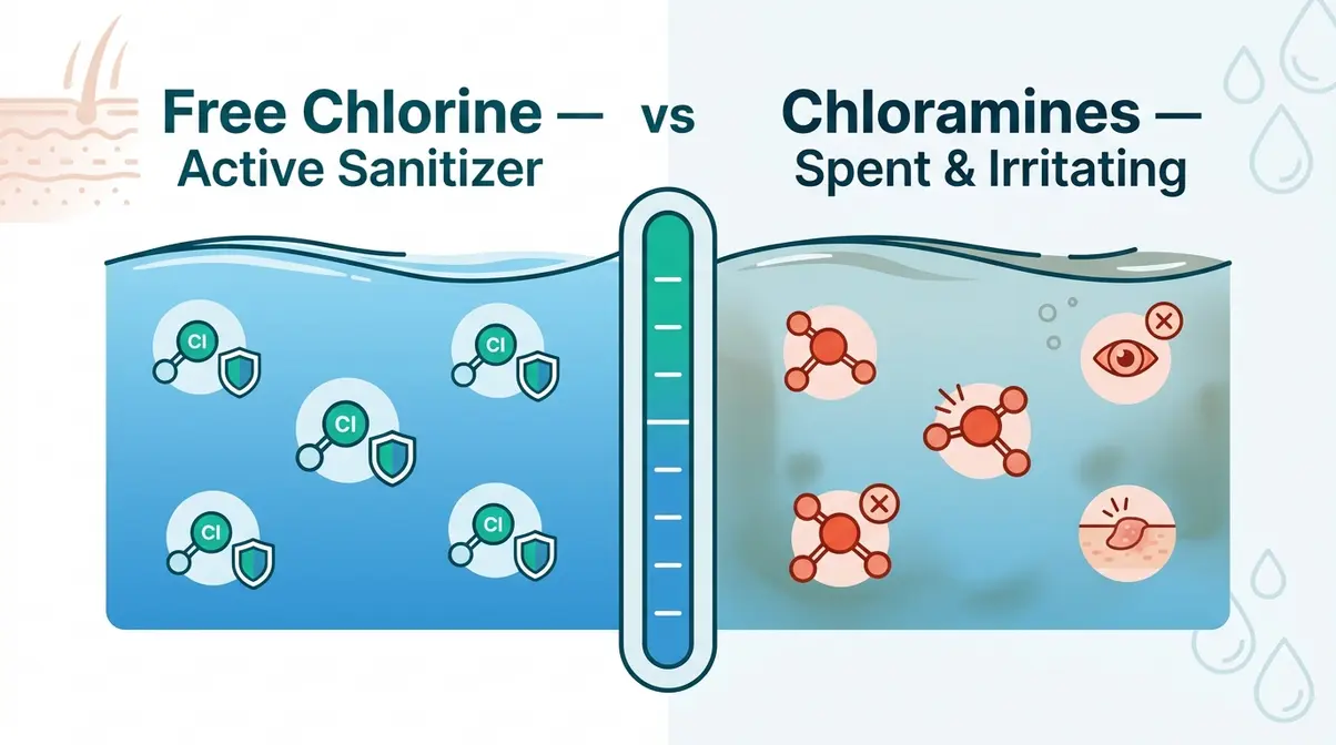 Saltwater vs Chlorine Hot Tub: Pros, Cons & True Cost 5 Illustration comparing free chlorine versus chloramines in hot tub water and their effects on skin
