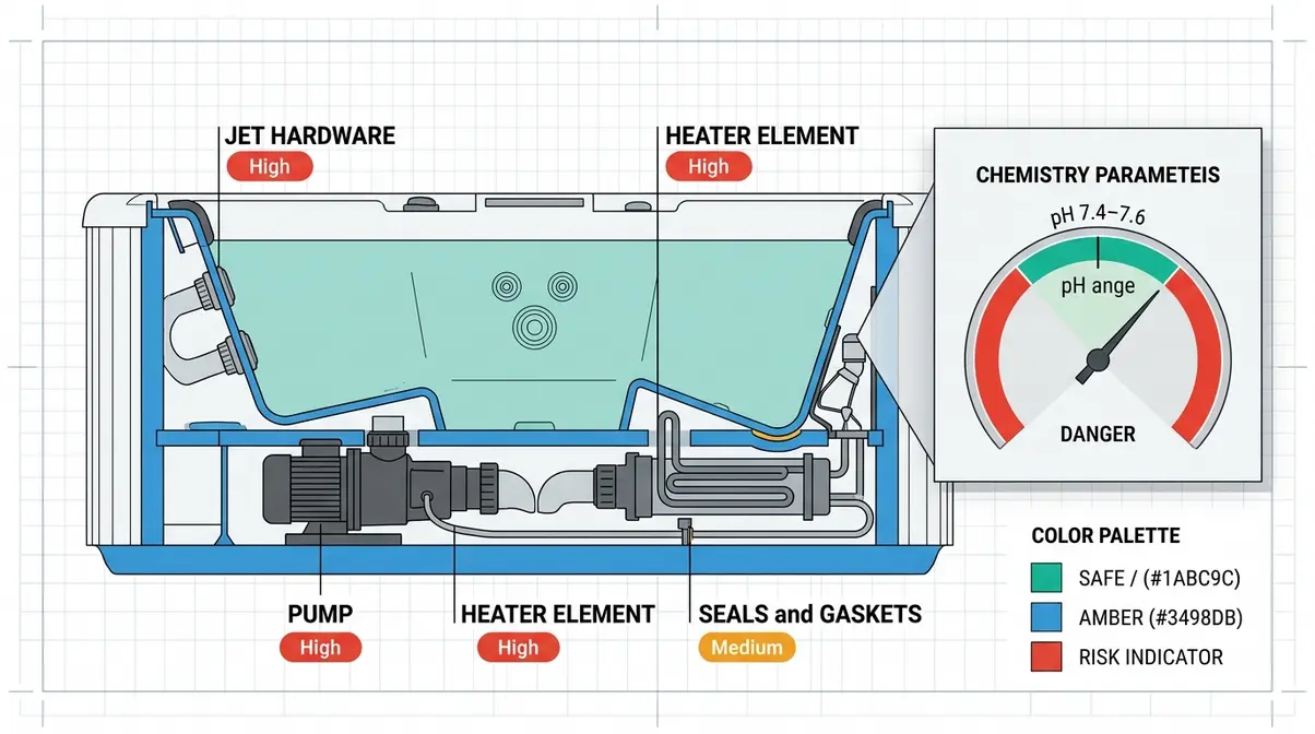 Saltwater vs Chlorine Hot Tub: Pros, Cons & True Cost 7 Hot tub cross-section diagram showing salt corrosion risk zones and optimal water chemistry thresholds