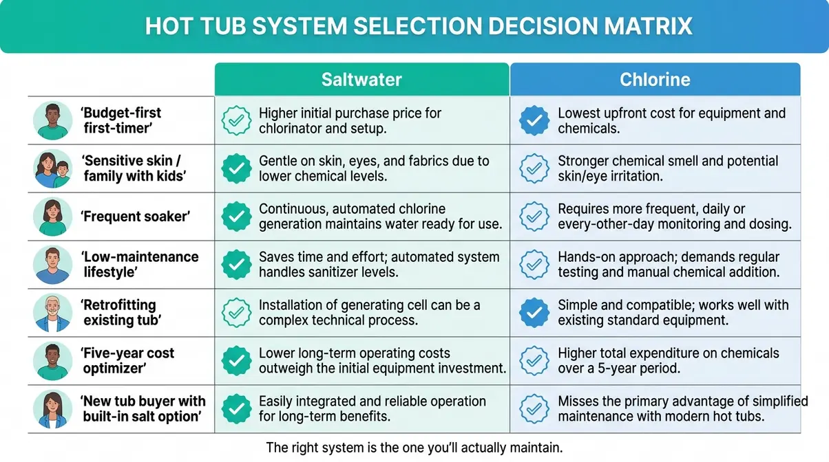 Saltwater vs Chlorine Hot Tub: Pros, Cons & True Cost 6 Hot tub buyer decision matrix showing which system suits each buyer profile and lifestyle