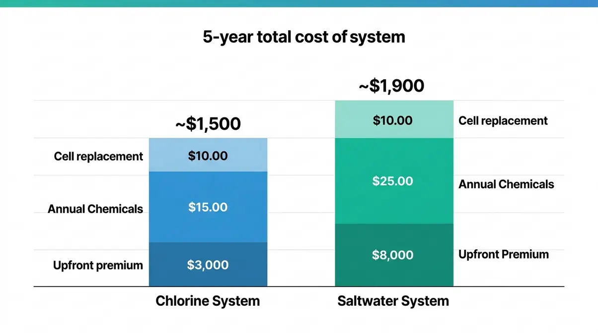 Saltwater vs Chlorine Hot Tub: Pros, Cons & True Cost 3 Five-year total cost comparison bar chart for saltwater versus chlorine hot tub ownership